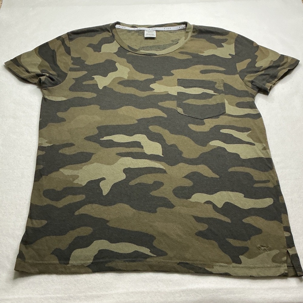 PINK Victoria's Secret Green Camo Pocket T-Shirt Womens Large Short Sleeve